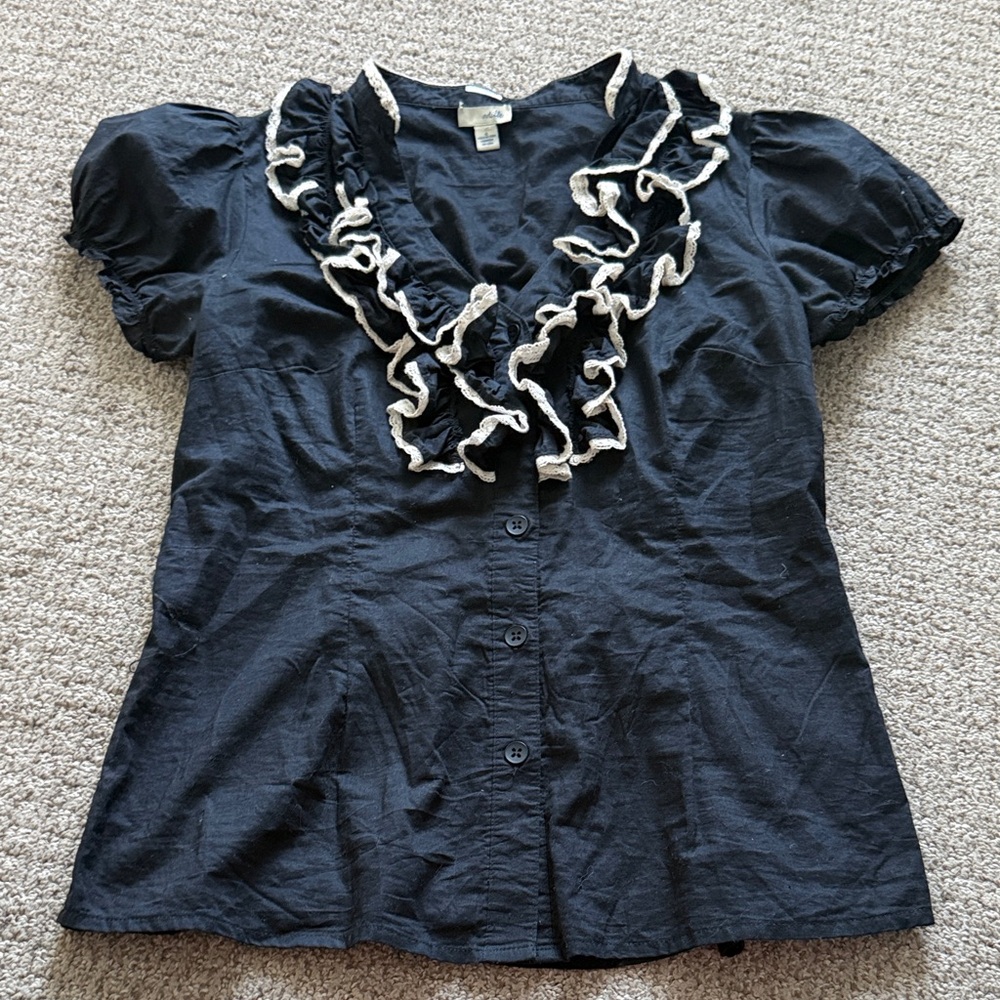 Odille Anthropologie Black Button-Front Ruffle V-Neck Blouse with Cream Trim
